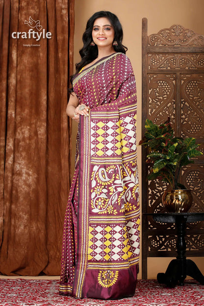 Wine berry all-over-work exquisite kantha stitch saree maroon yellow patterned saree 3