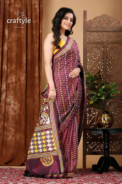 Wine berry all-over-work exquisite kantha stitch saree maroon yellow patterned saree 5