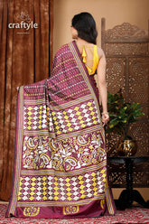 Wine berry all-over-work exquisite kantha stitch saree maroon yellow patterned saree 6
