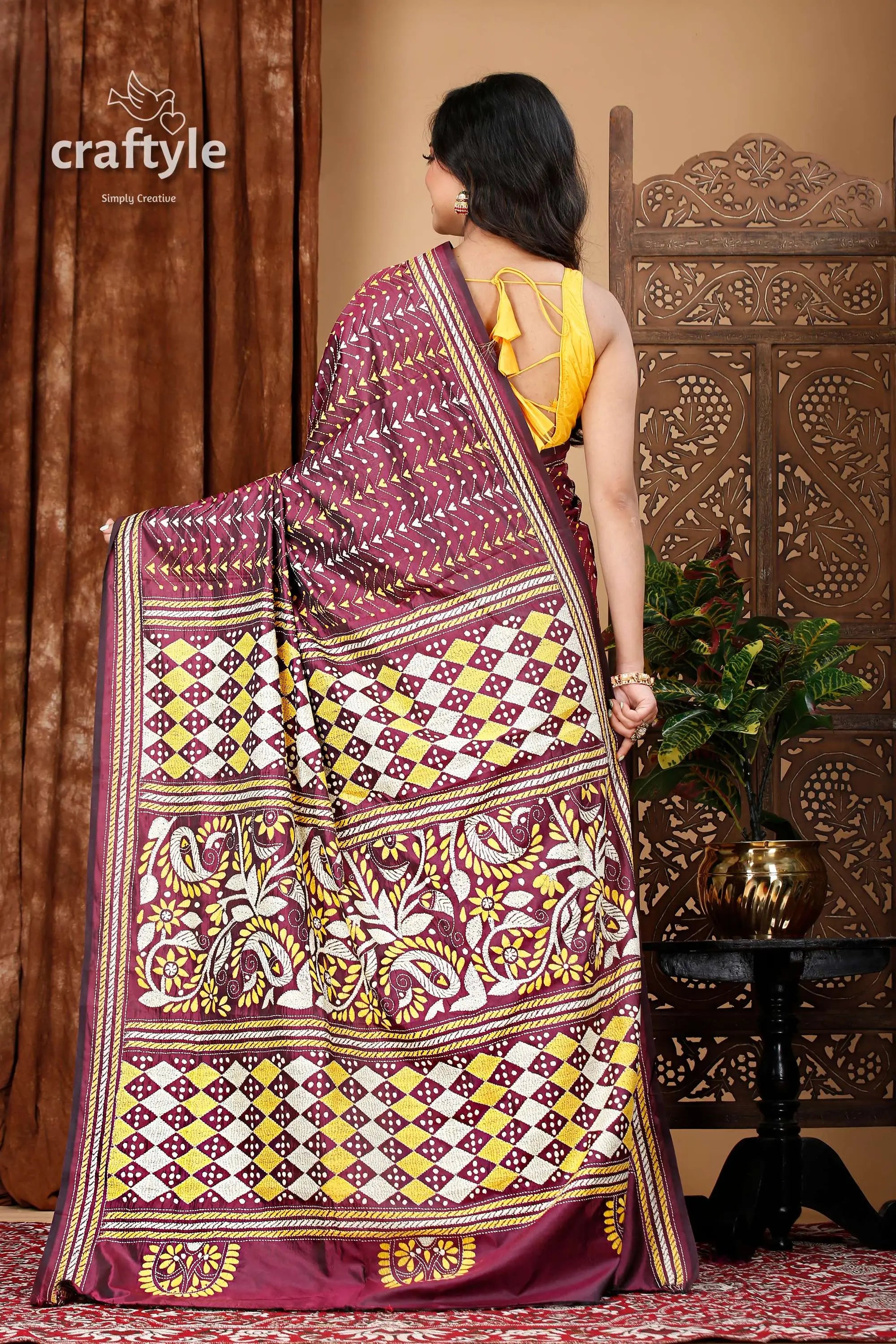 Wine berry all-over-work exquisite kantha stitch saree maroon yellow patterned saree 6