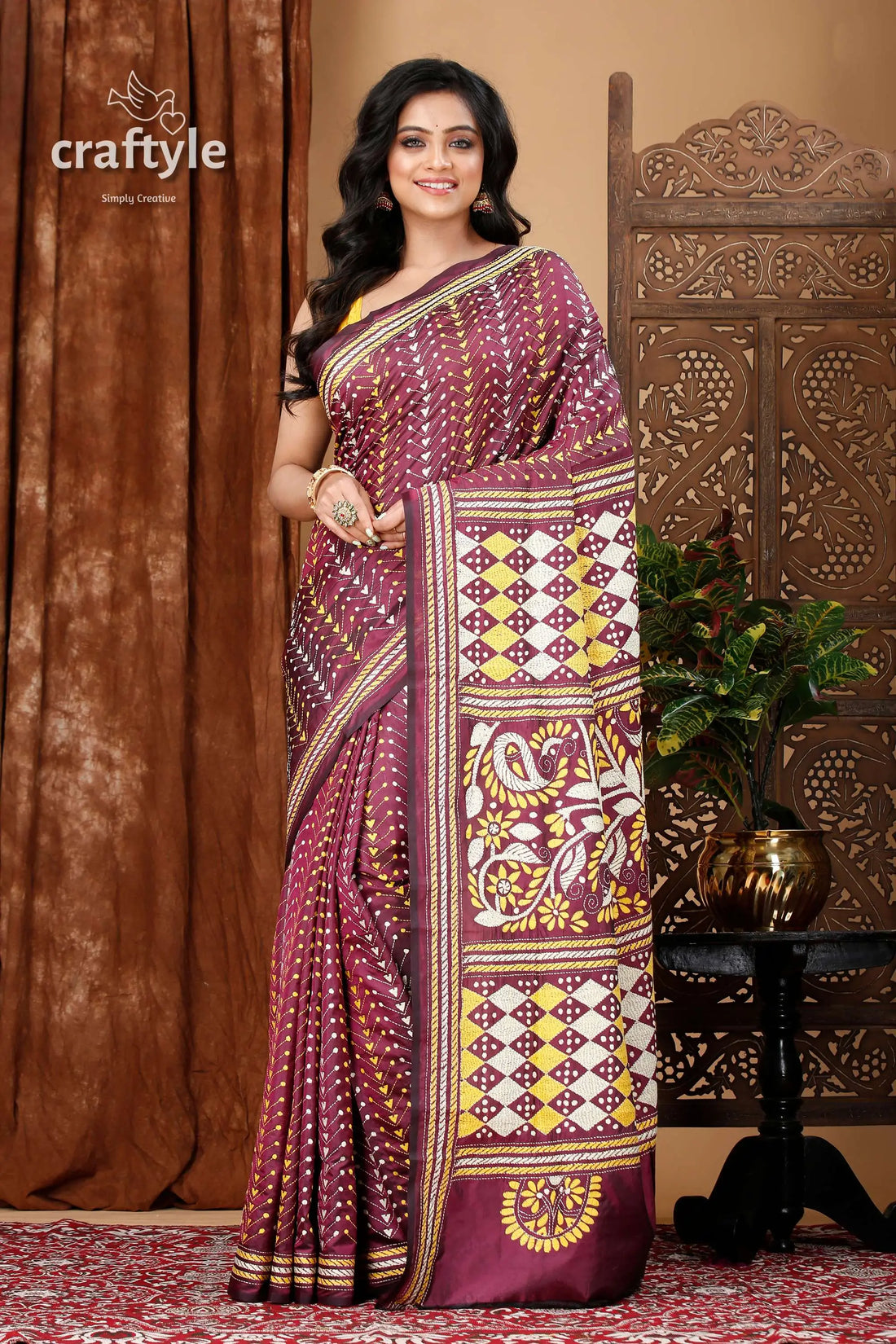 Wine berry all over work exquisite kantha stitch saree maroon saree yellow white patterns 1