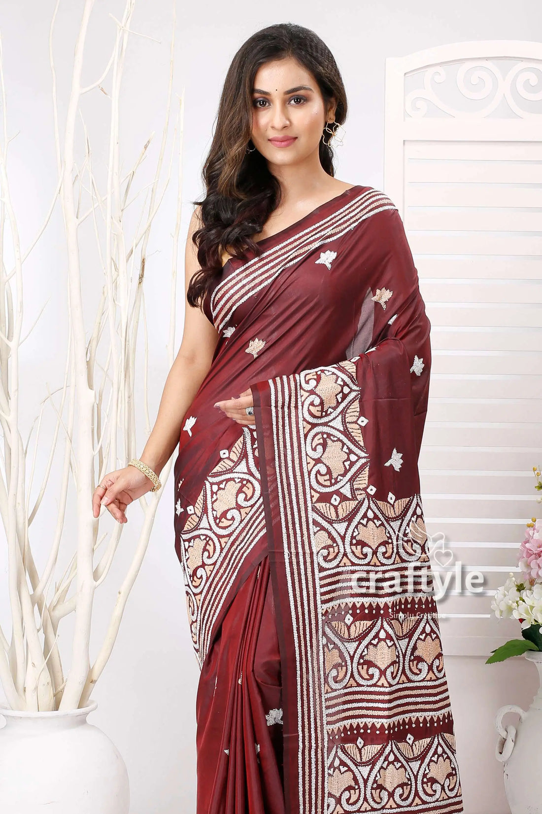 Wine berry and white exclusive kantha silk saree maroon saree white embroidery 2