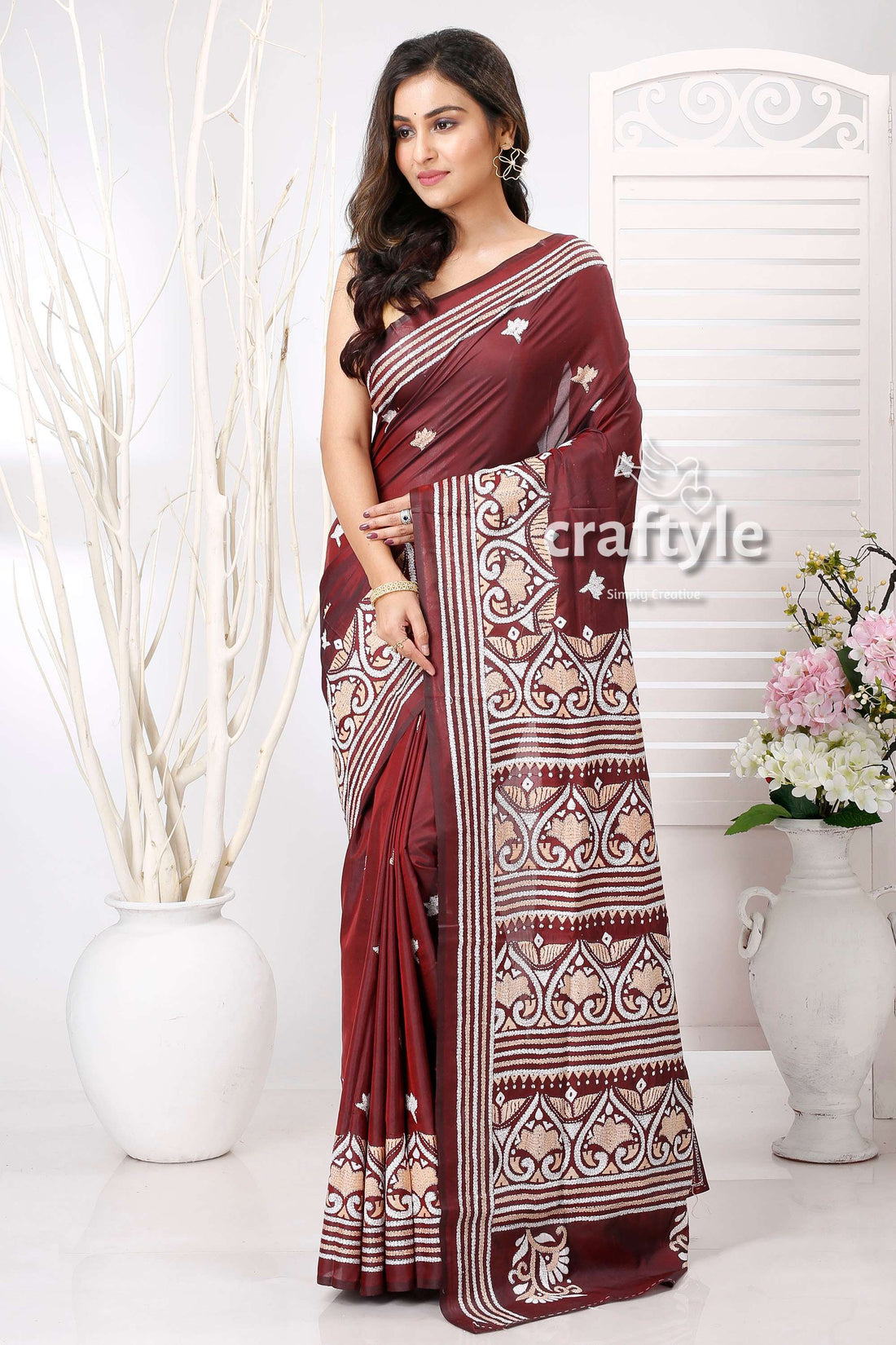 Wine Berry and White Exclusive Kantha Silk Saree - Craftyle