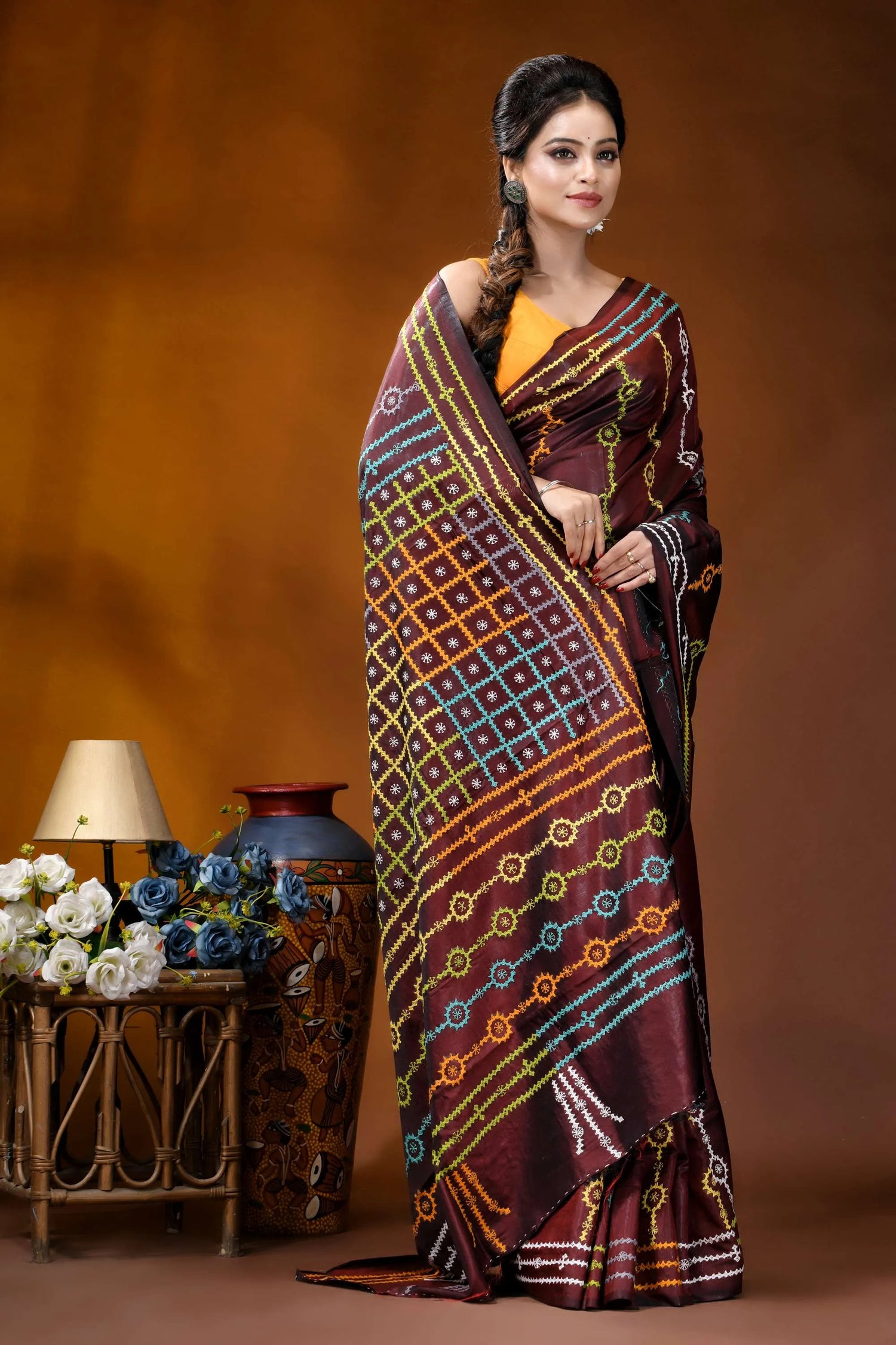 Wine berry ethnic motif handcrafted silk gujrati stitch saree maroon silk saree intricate geometric 5