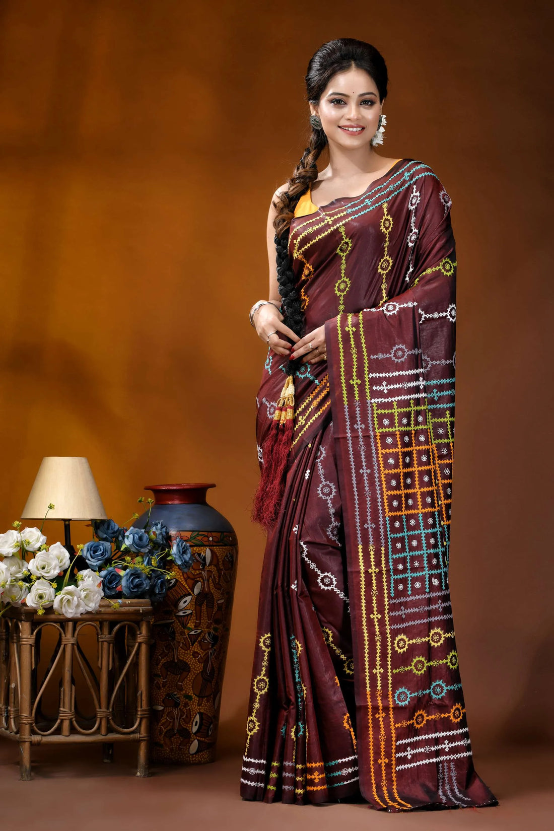 Wine berry ethnic motif handcrafted silk gujrati stitch saree maroon silk saree adorned intricate 1