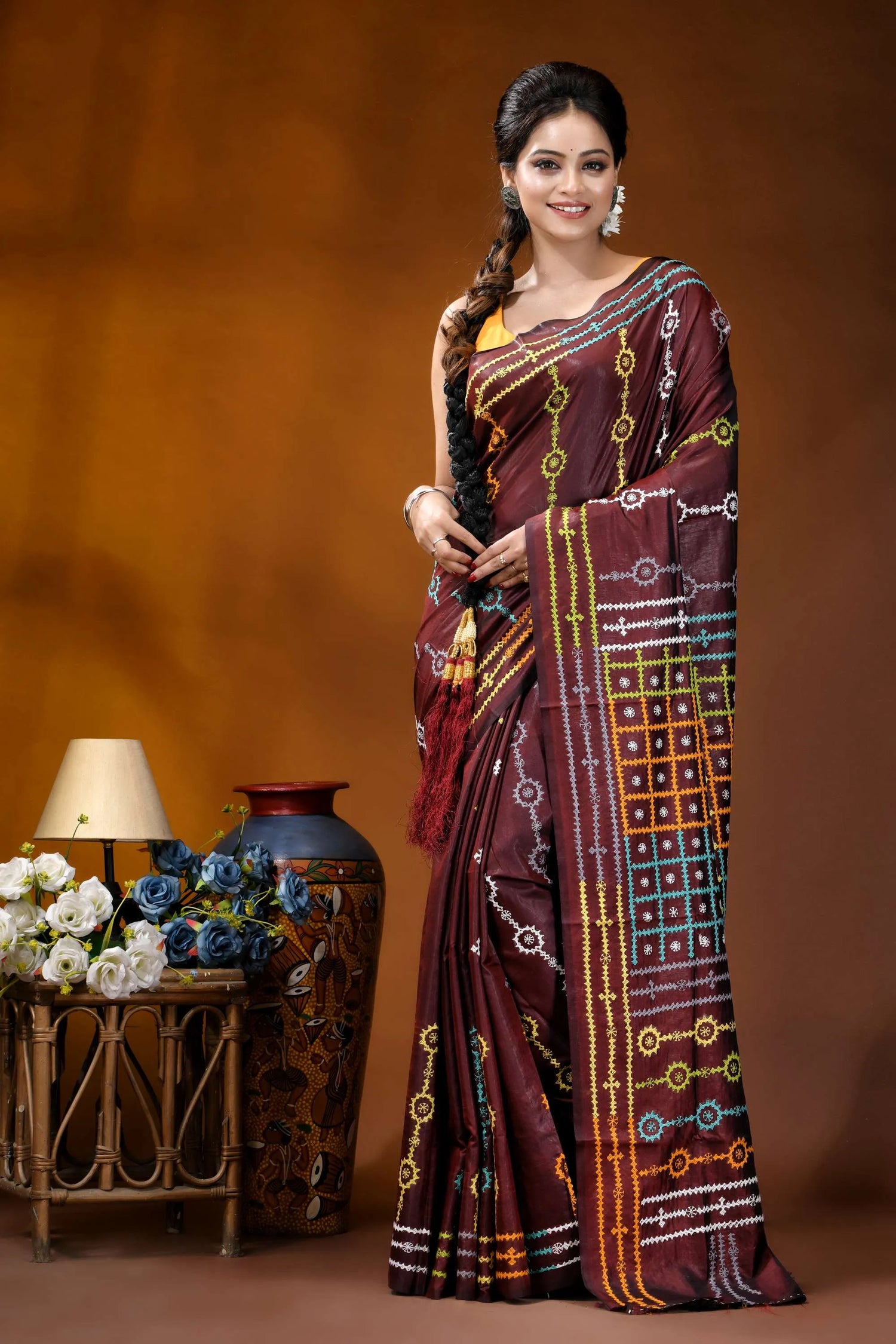Wine berry ethnic motif handcrafted silk gujrati stitch saree maroon silk saree adorned intricate 1