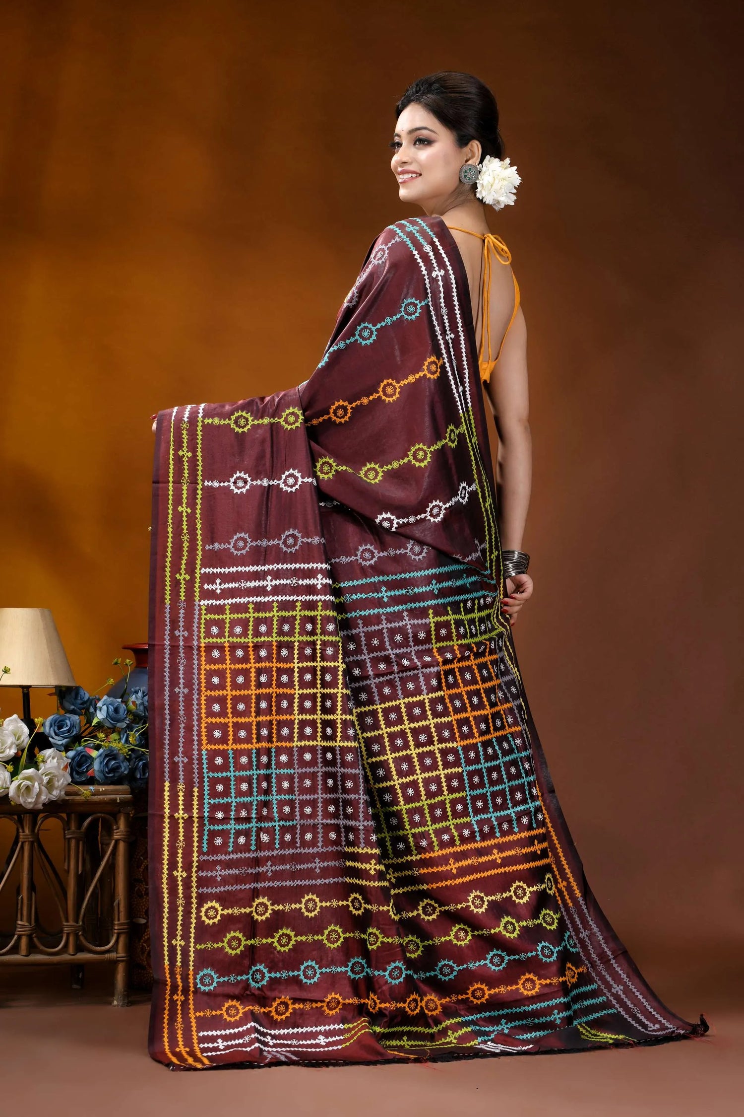 Wine berry ethnic motif handcrafted silk gujrati stitch saree maroon silk saree adorned intricate 6