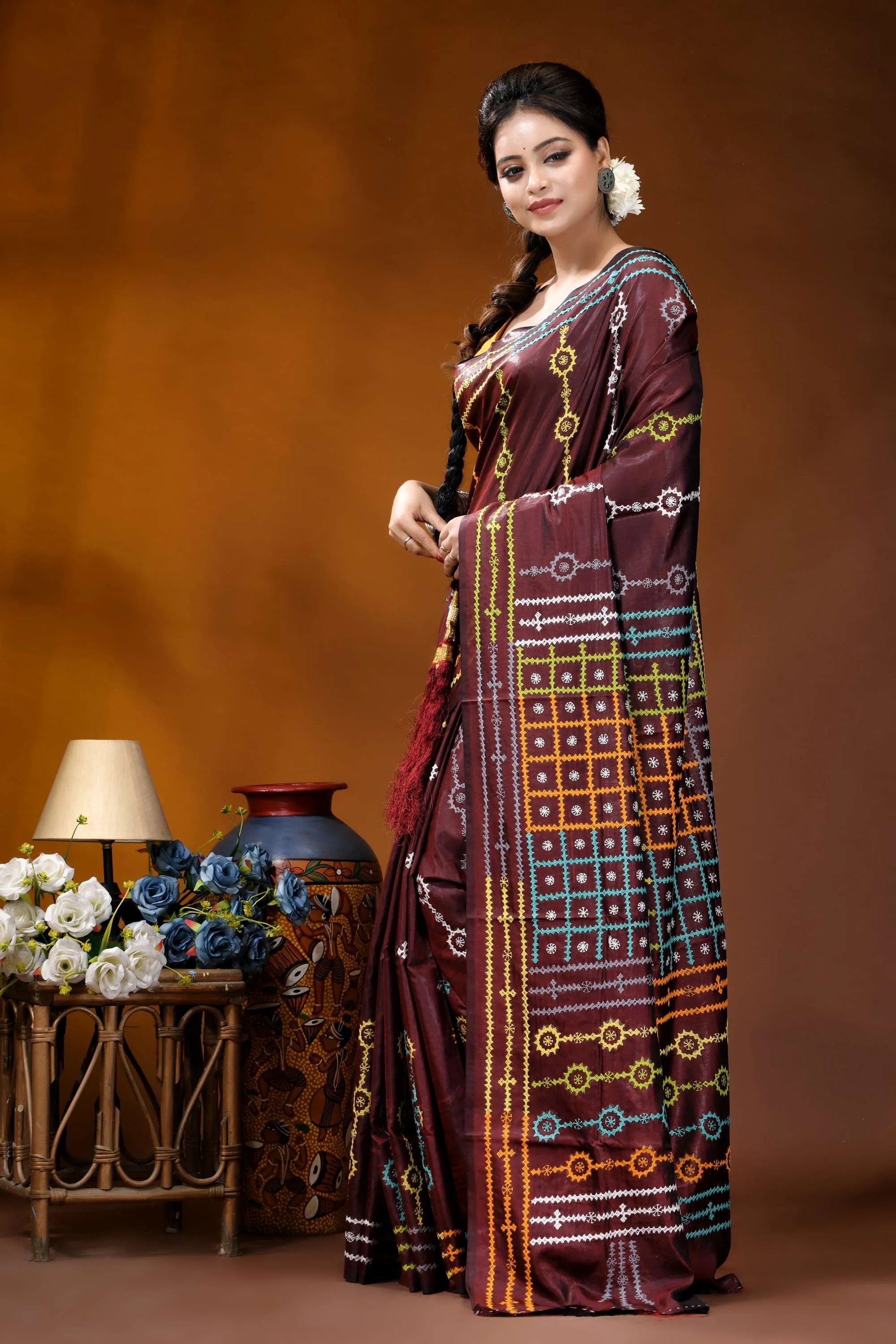 Wine berry ethnic motif handcrafted silk gujrati stitch saree maroon saree intricate geometric floral 3