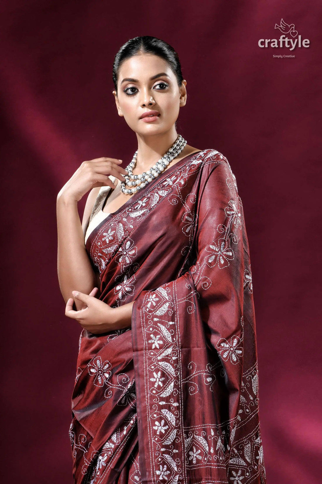 Wine berry exquisite silk kantha embroidery saree maroon saree white embroidery 2