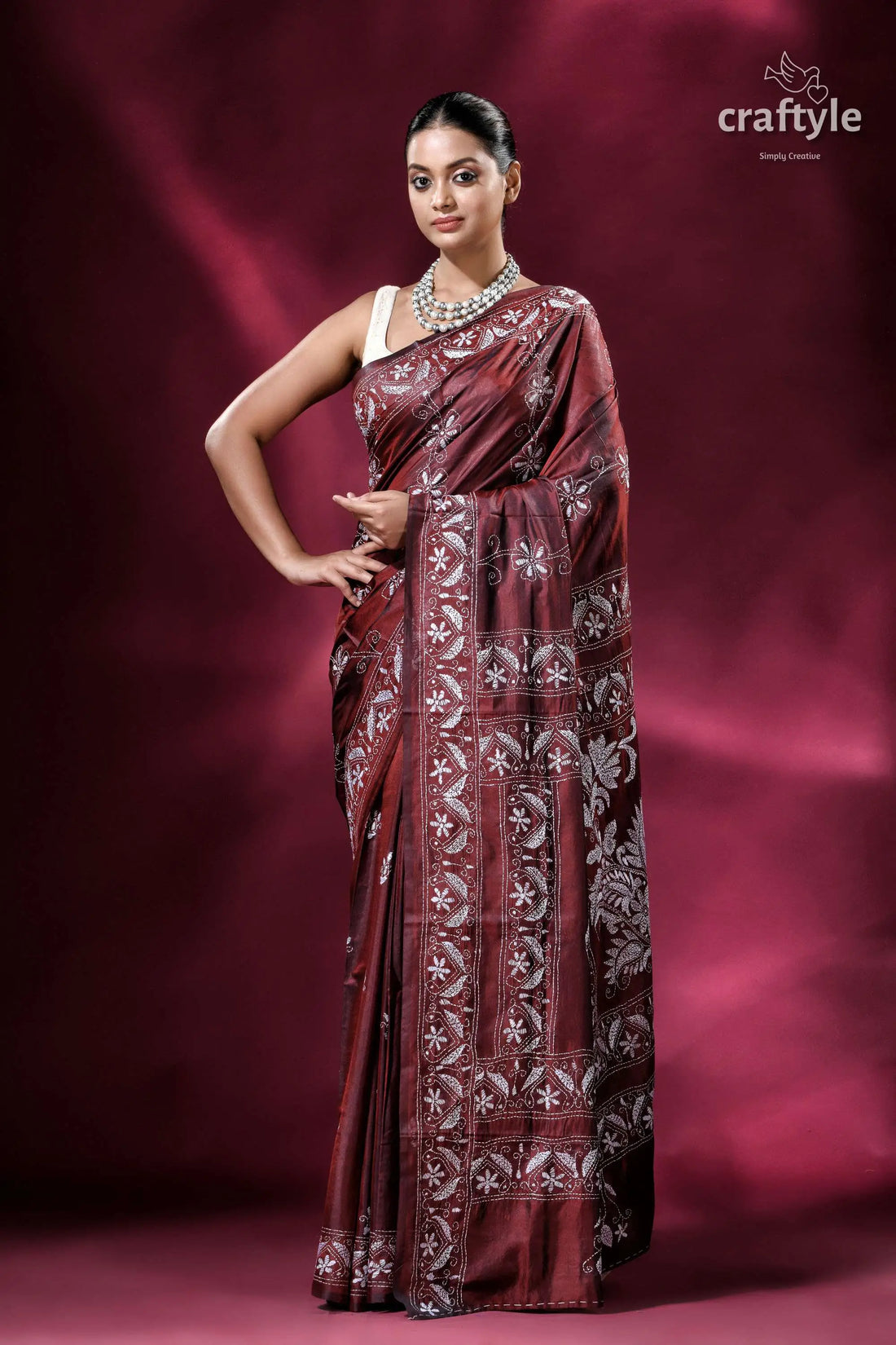 Wine berry exquisite silk kantha embroidery saree maroon saree white embroidery 1