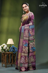 Wine berry floral design classic handmade kantha stitch silk saree richly embroidered purple saree intricate 3