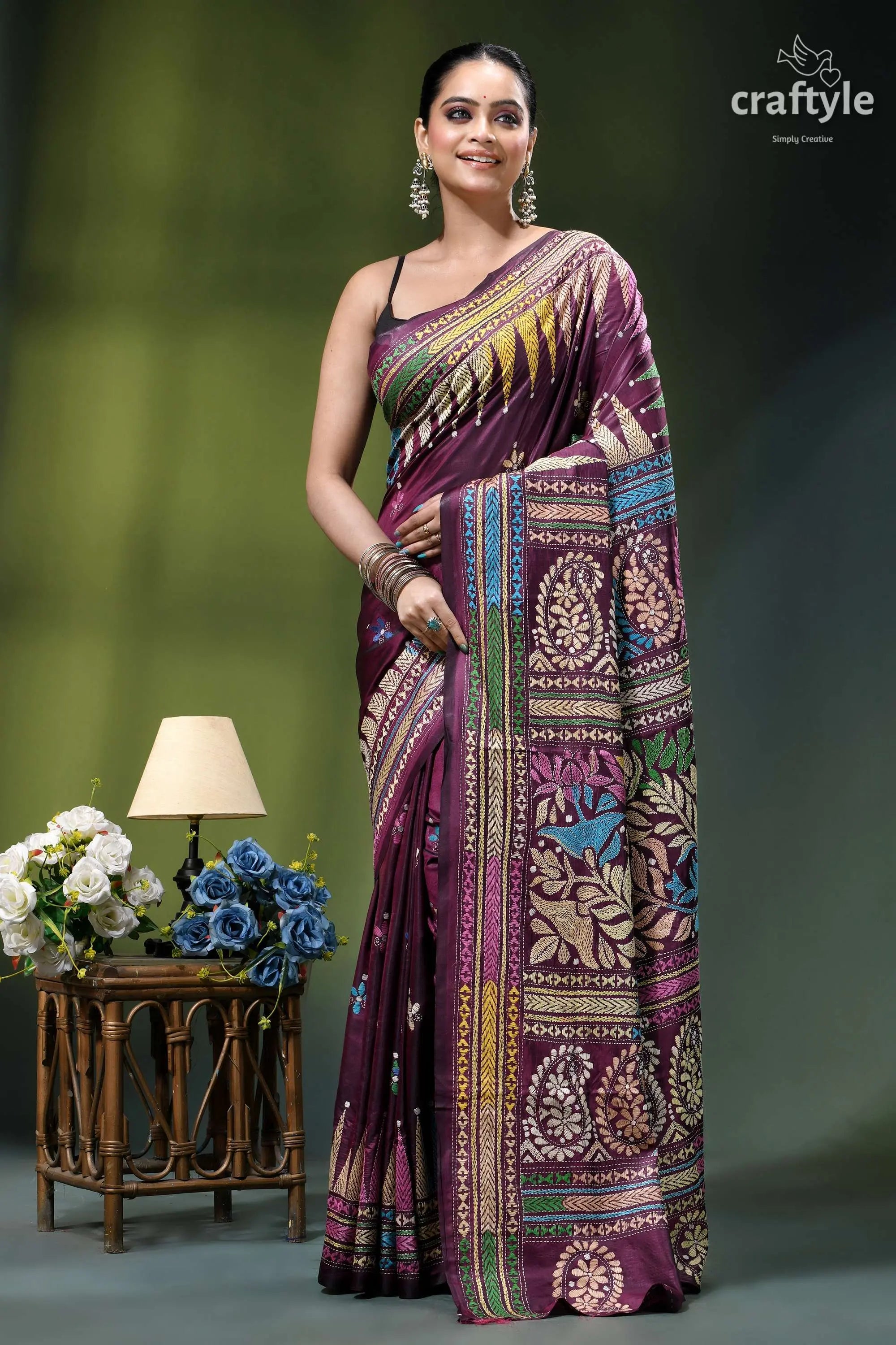 Wine berry floral design classic handmade kantha stitch silk saree woman wears richly patterned maroon 6