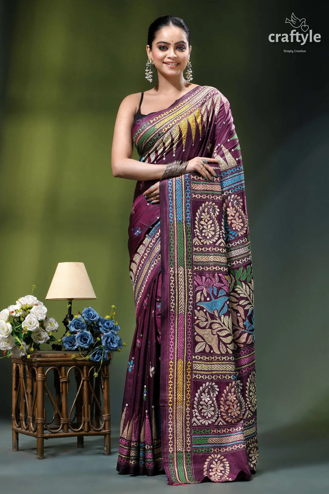 Wine berry floral design classic handmade kantha stitch silk saree woman wears maroon multicolored patterned 1