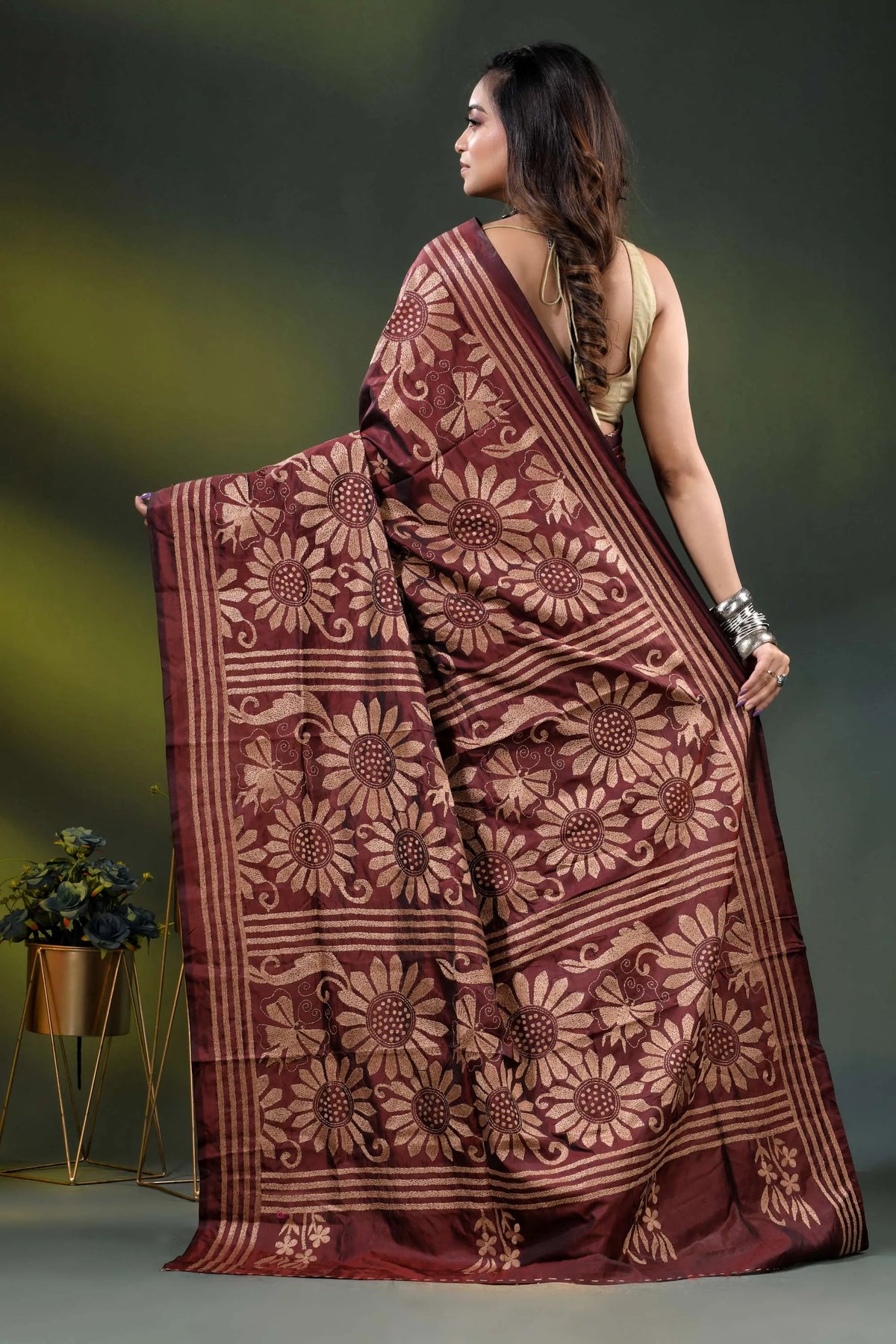 Wine berry floral design hand embroidered silk kantha stitch saree 5
