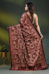 Wine berry floral design hand embroidered silk kantha stitch saree 5