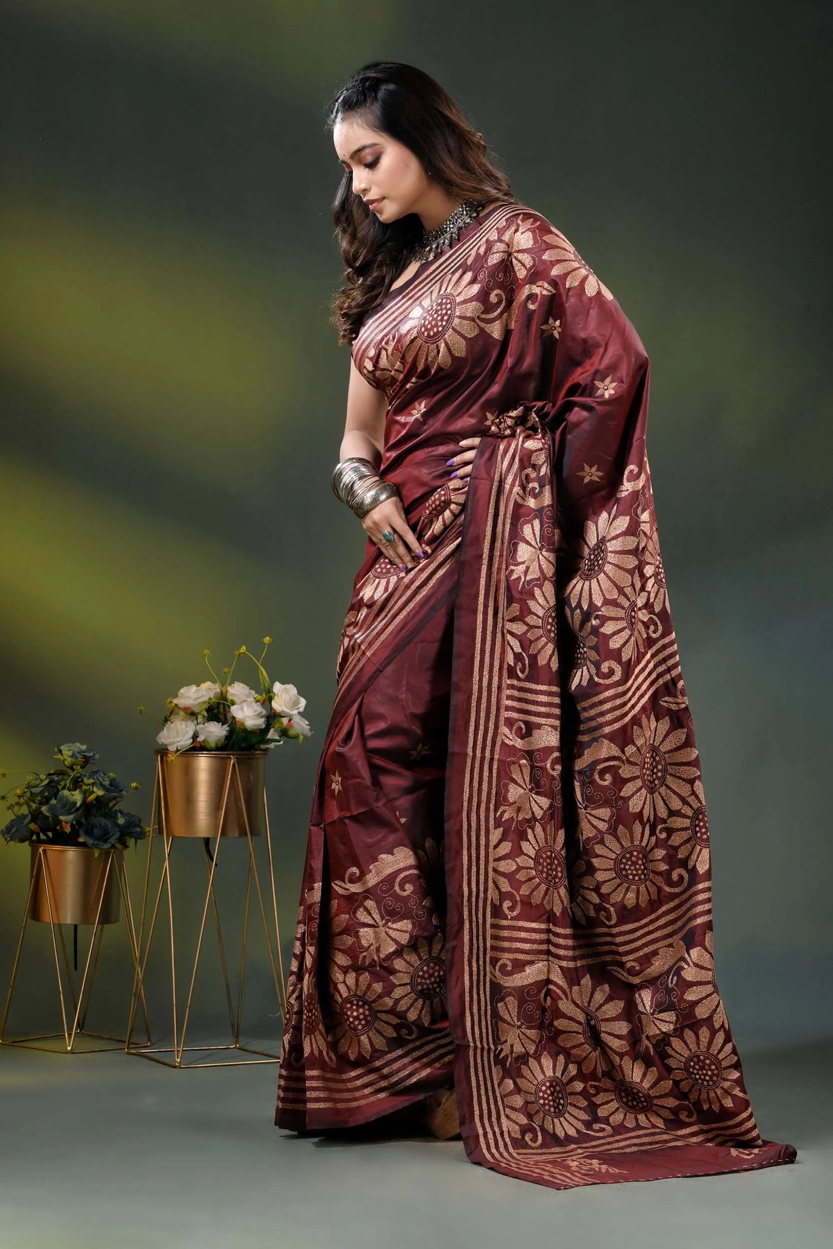 Wine berry floral design hand embroidered silk kantha stitch saree 3