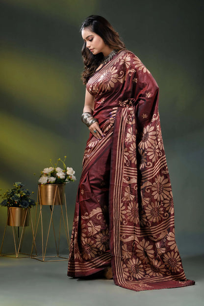 Wine berry floral design hand embroidered silk kantha stitch saree 3