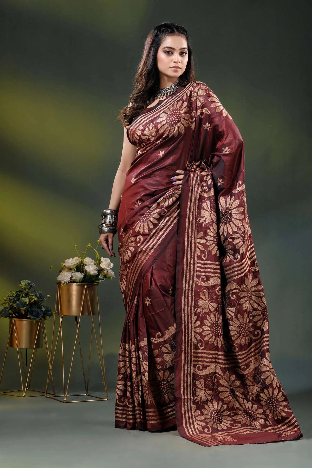 Wine berry floral design hand embroidered silk kantha stitch saree 1