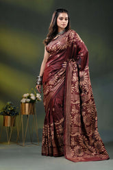 Wine berry floral design hand embroidered silk kantha stitch saree 1