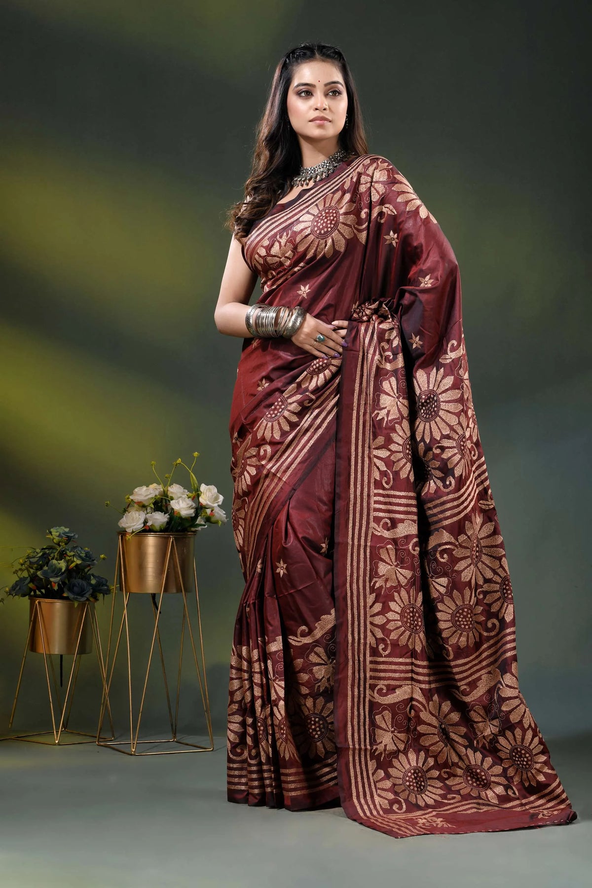 Wine berry floral design hand embroidered silk kantha stitch saree 6