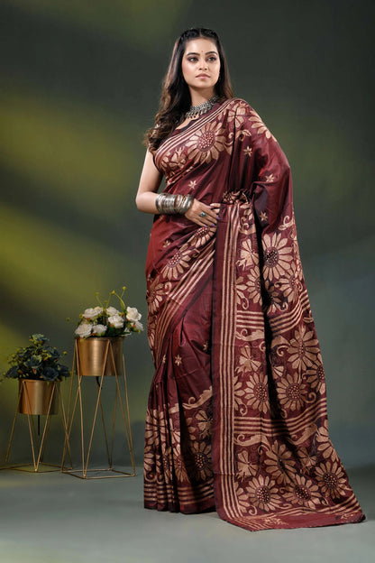 Wine berry floral design hand embroidered silk kantha stitch saree 6