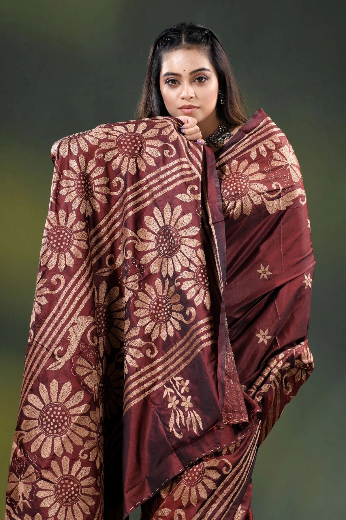 Wine berry floral design hand embroidered silk kantha stitch saree 2