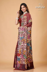 Wine Berry Floral Silk Kantha Work Saree - Reverse Stitch - Craftyle