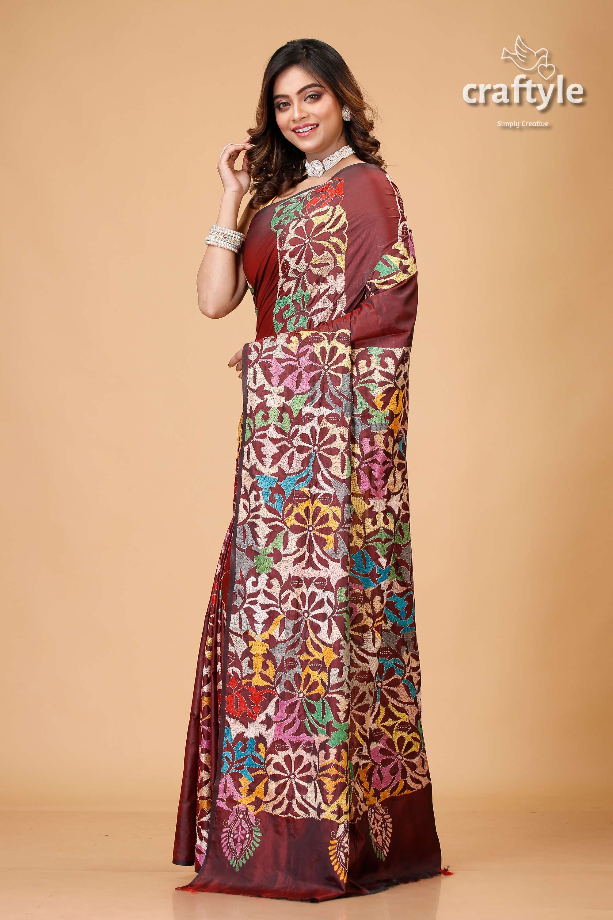 Wine Berry Floral Silk Kantha Work Saree - Reverse Stitch - Craftyle