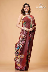 Wine Berry Floral Silk Kantha Work Saree - Reverse Stitch - Craftyle