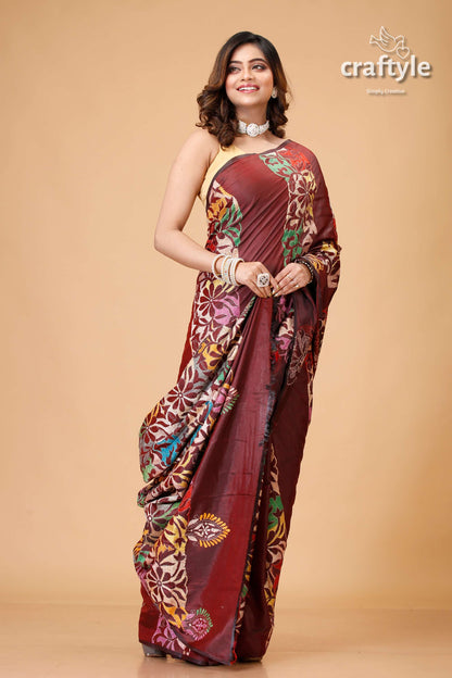 Wine Berry Floral Silk Kantha Work Saree - Reverse Stitch - Craftyle