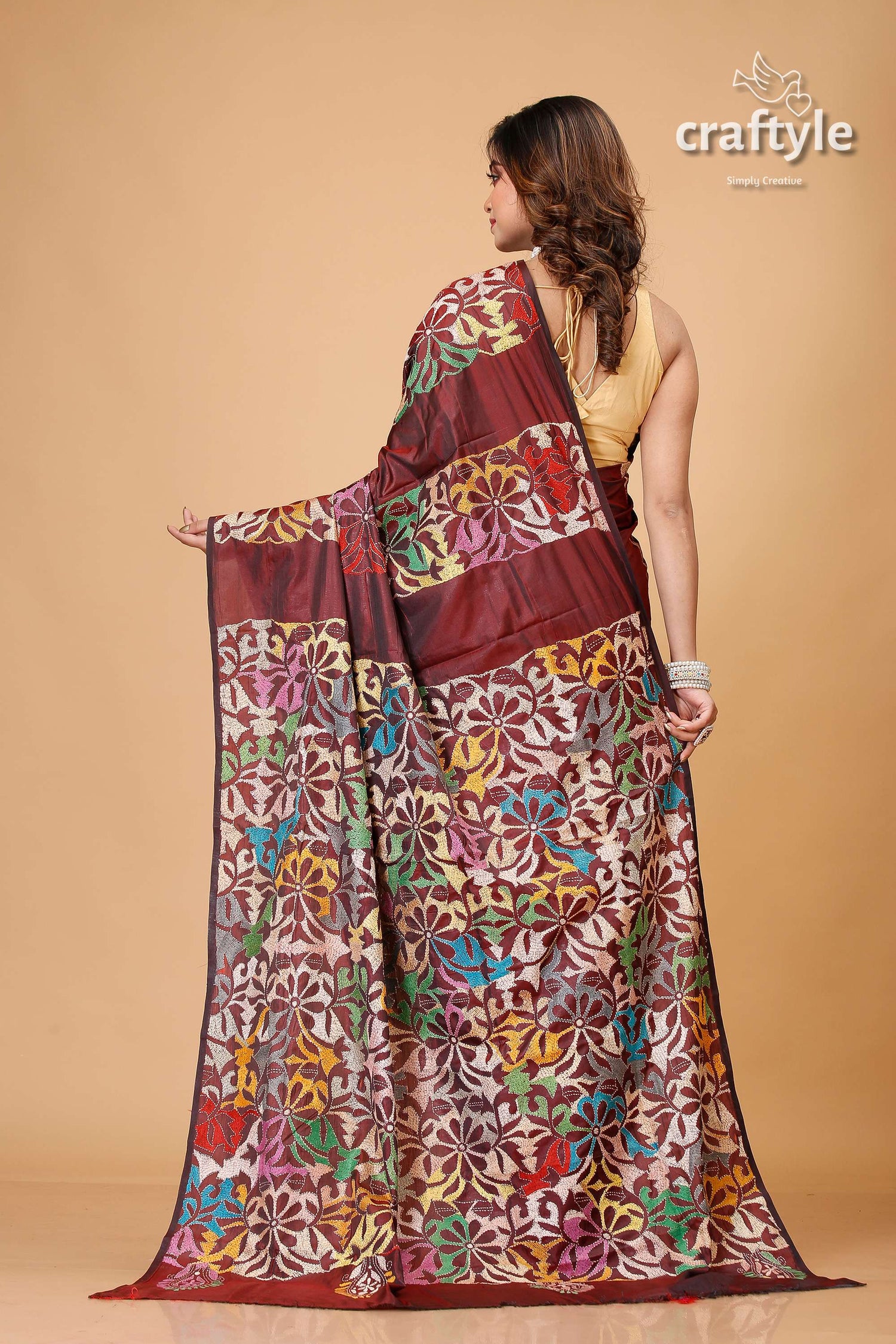 Wine Berry Floral Silk Kantha Work Saree - Reverse Stitch - Craftyle
