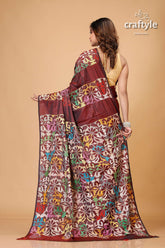 Wine Berry Floral Silk Kantha Work Saree - Reverse Stitch - Craftyle