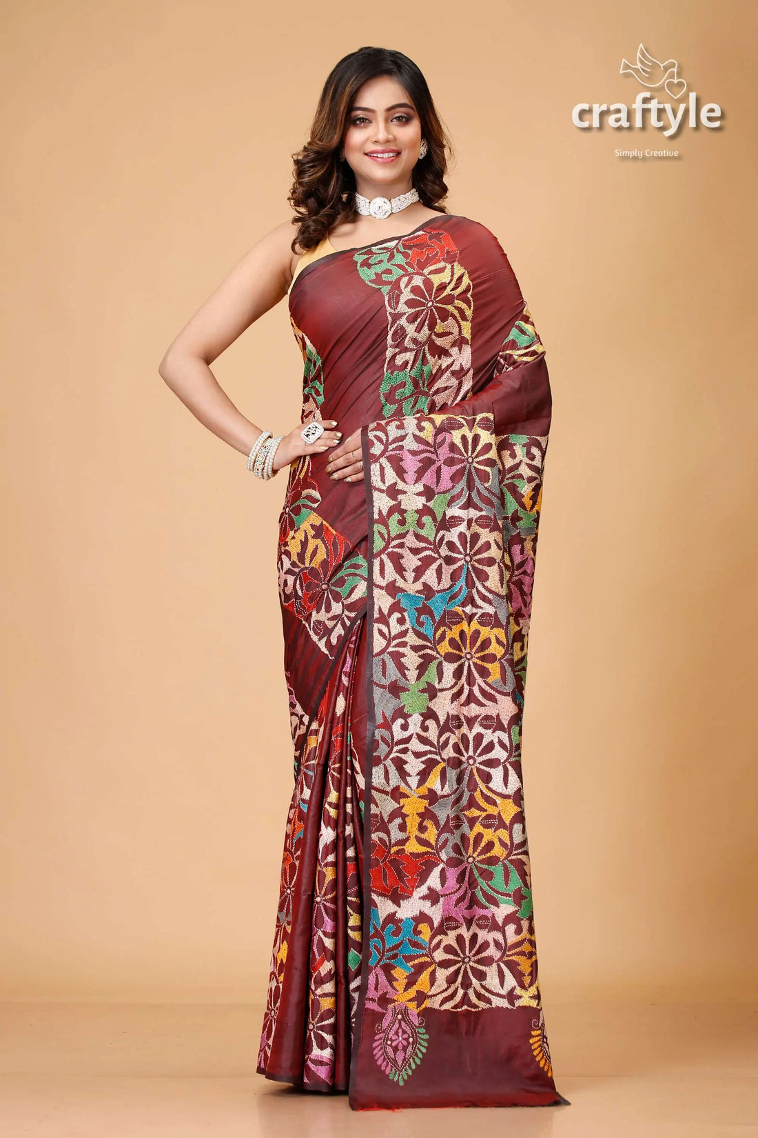 Wine berry floral silk kantha work saree - reverse stitch maroon floral-patterned saree 1