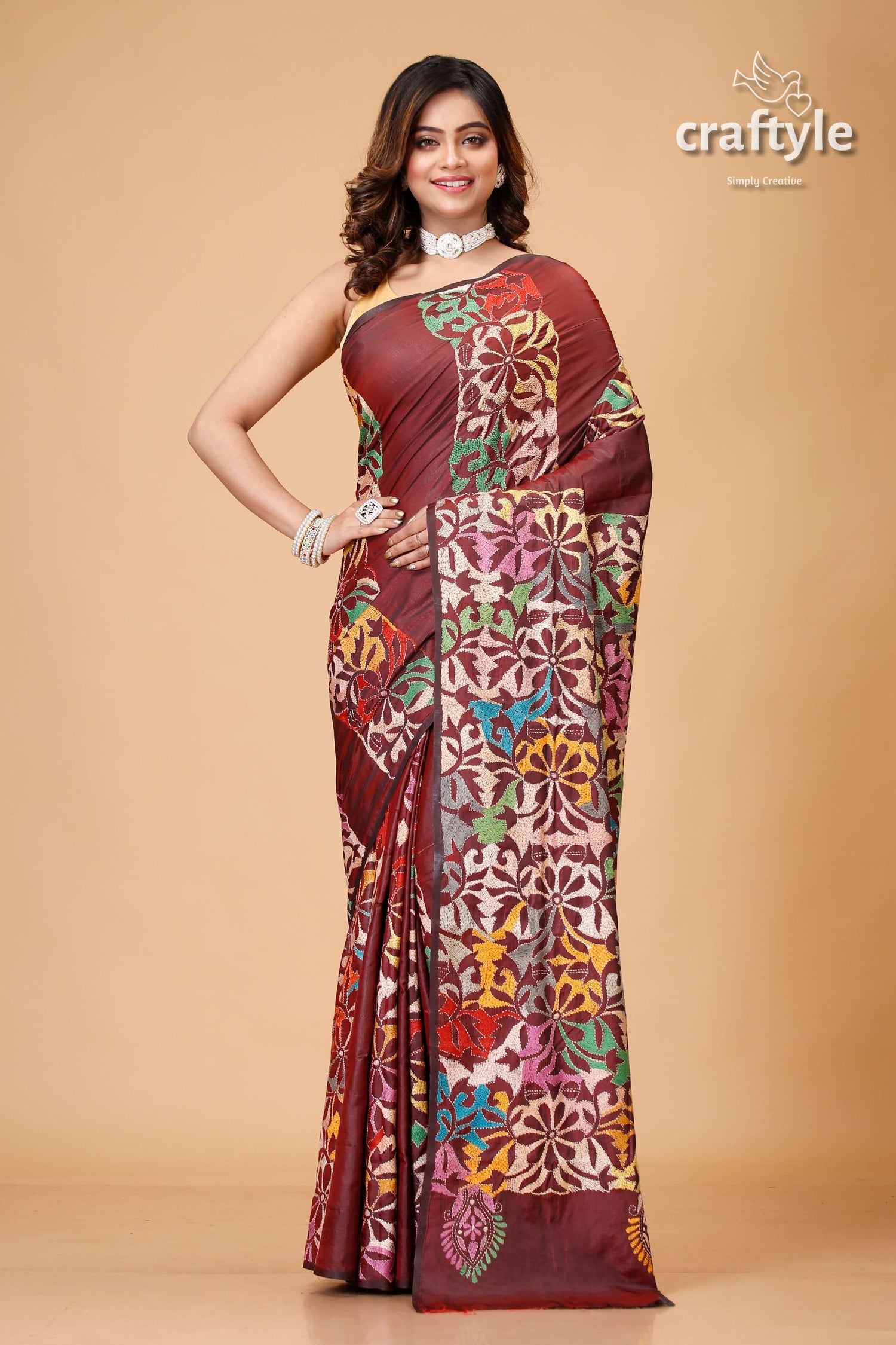 Wine Berry Floral Silk Kantha Work Saree - Reverse Stitch - Craftyle