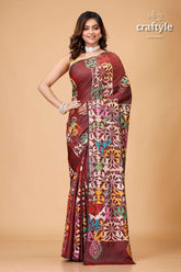 Wine Berry Floral Silk Kantha Work Saree - Reverse Stitch - Craftyle
