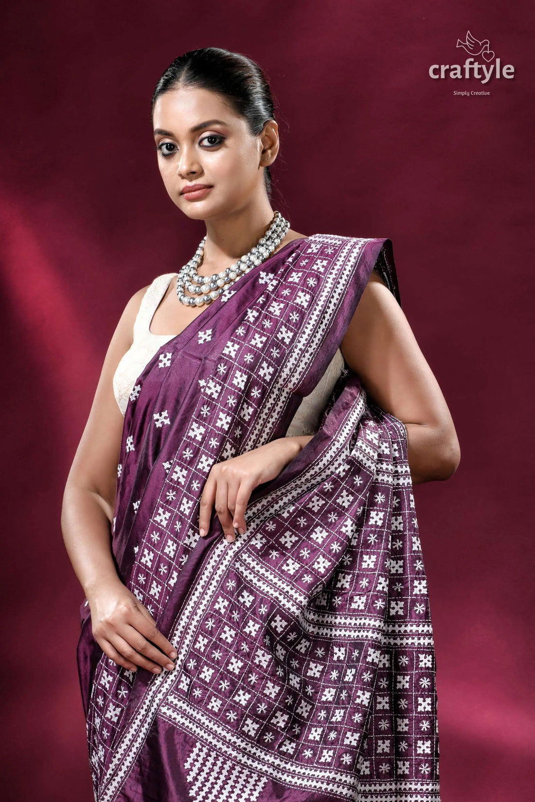 Wine berry gujrati stitch handcrafted silk kantha saree elegant purple saree white embroidery 2