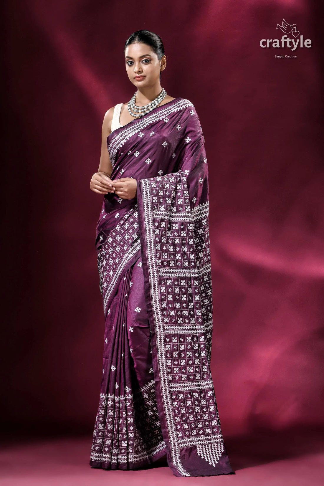 Wine berry gujrati stitch handcrafted silk kantha saree elegant purple saree white embroidery 1