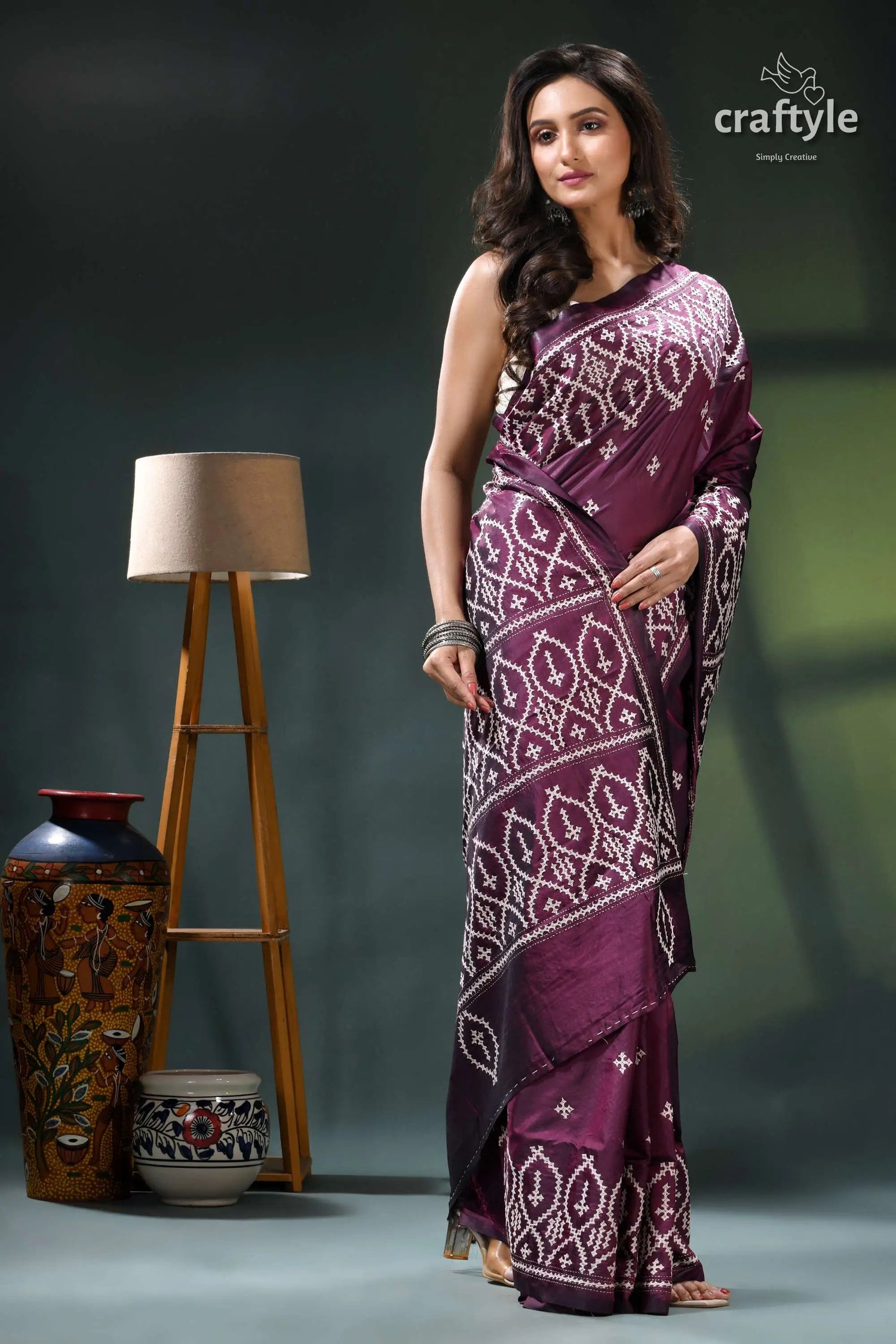 Wine berry hand embroidered kutchi work silk saree purple white patterned saree intricate 4