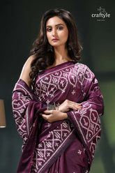 Wine berry hand embroidered kutchi work silk saree purple bandhani saree white geometric 2