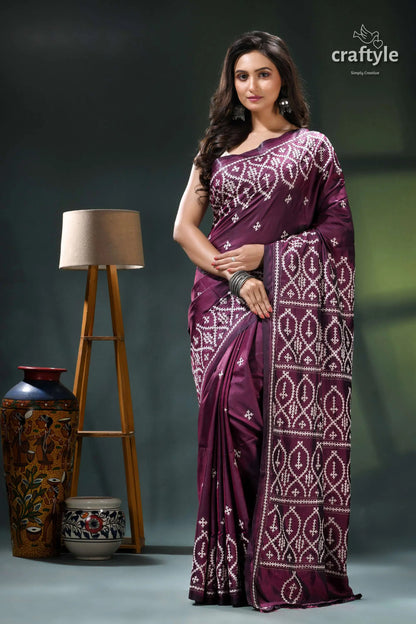 Wine berry hand embroidered kutchi work silk saree purple white patterned saree intricate 1