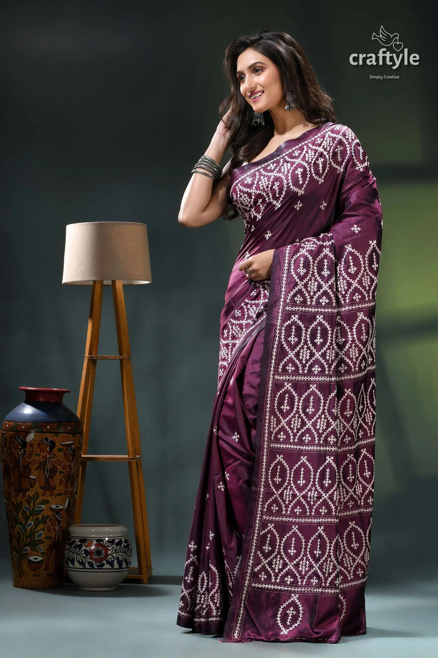 Wine berry hand embroidered kutchi work silk saree maroon white patterned saree intricate 3