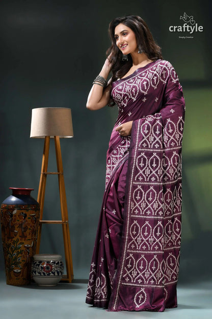 Wine berry hand embroidered kutchi work silk saree maroon white patterned saree intricate 3
