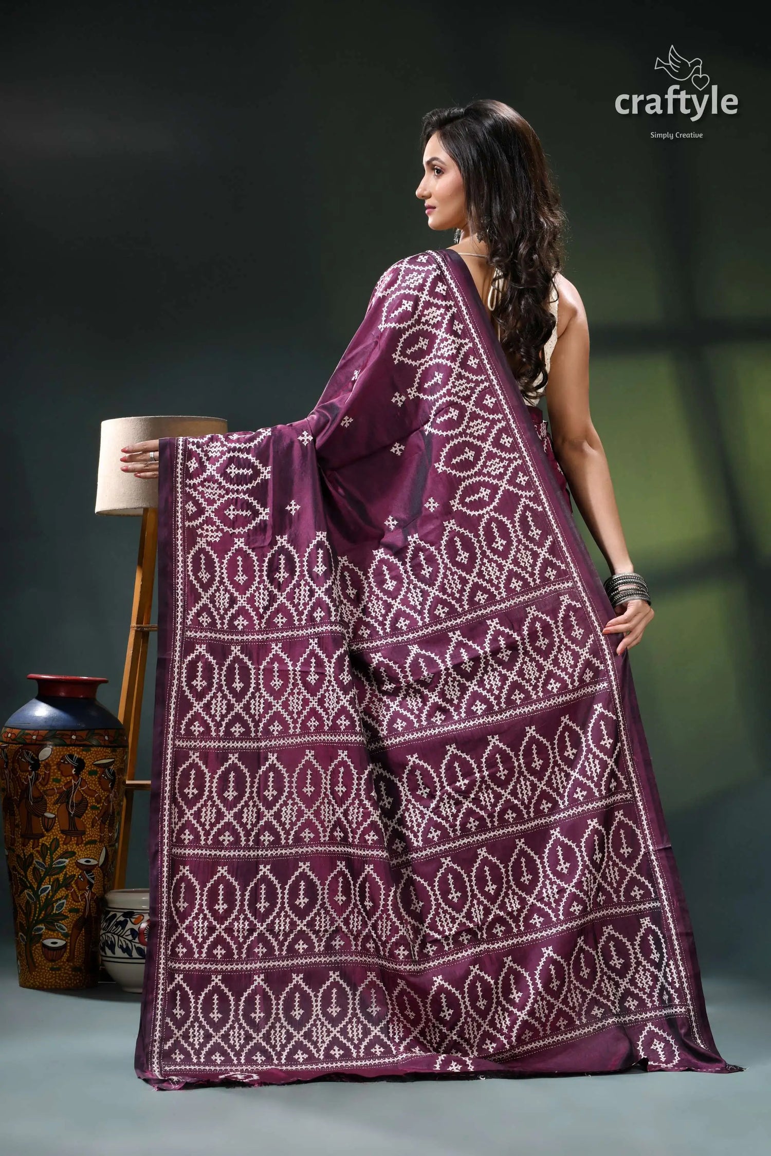 Wine berry hand embroidered kutchi work silk saree purple white patterned saree intricate 5
