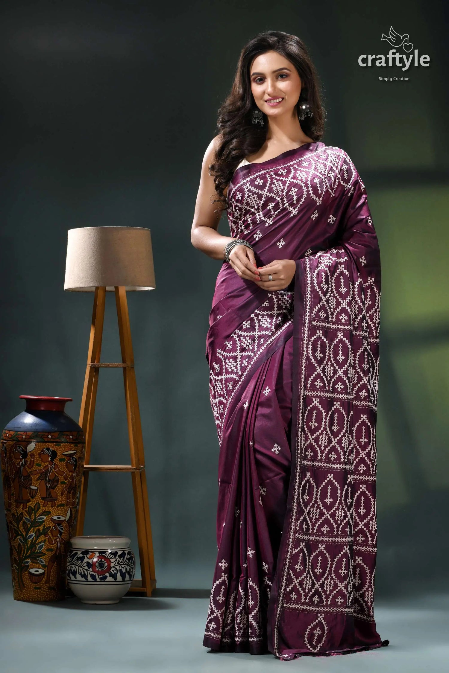 Wine berry hand embroidered kutchi work silk saree maroon white bandhani saree intricate 6