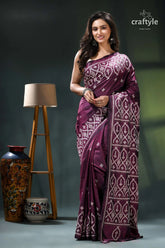 Wine berry hand embroidered kutchi work silk saree maroon white bandhani saree intricate 6