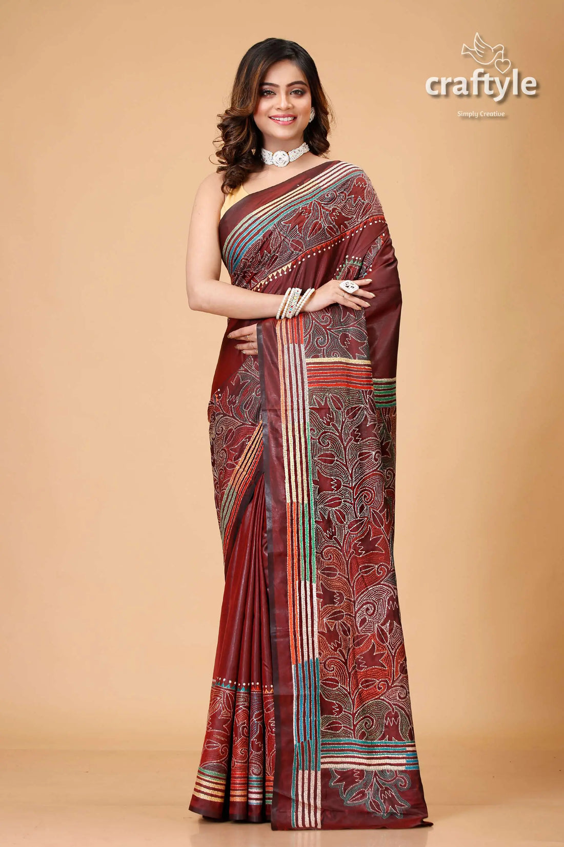 Wine berry kantha embroidered silk saree - reverse stitch maroon patterned saree 1