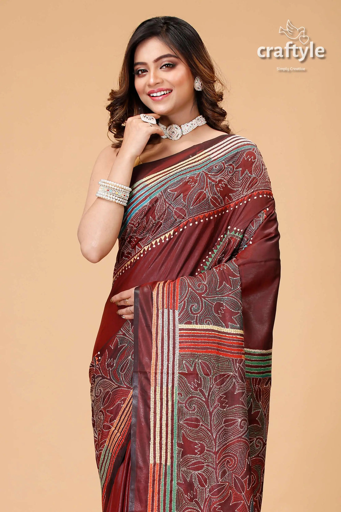 Wine berry kantha embroidered silk saree - reverse stitch maroon saree floral embroidery 2