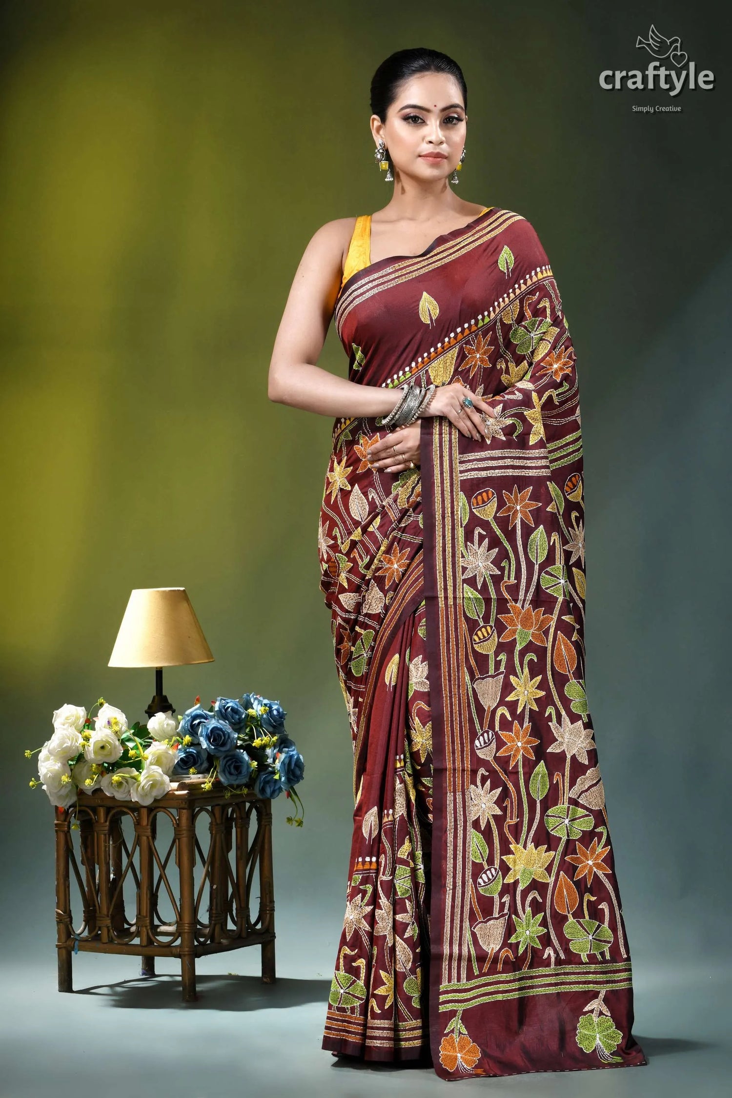 Wine berry lotus design hand kantha embroidery silk saree maroon silk saree adorned intricate 1
