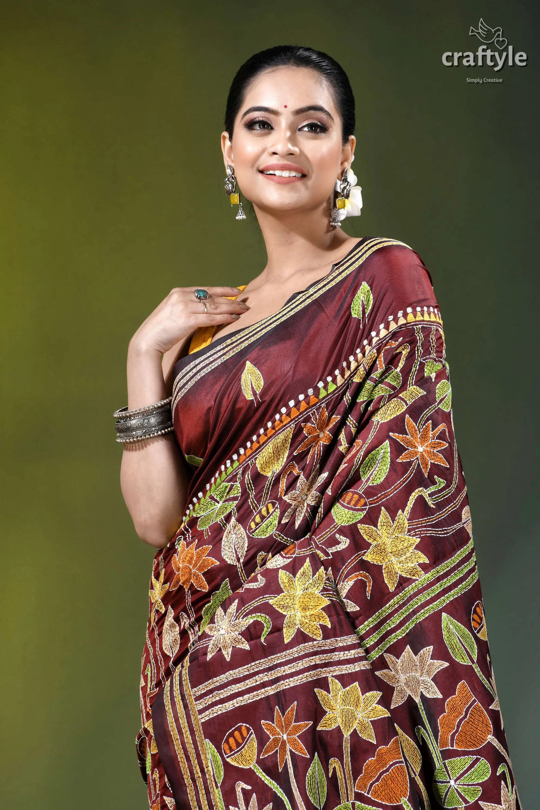 Wine berry lotus design hand kantha embroidery silk saree maroon silk saree adorned intricate 2