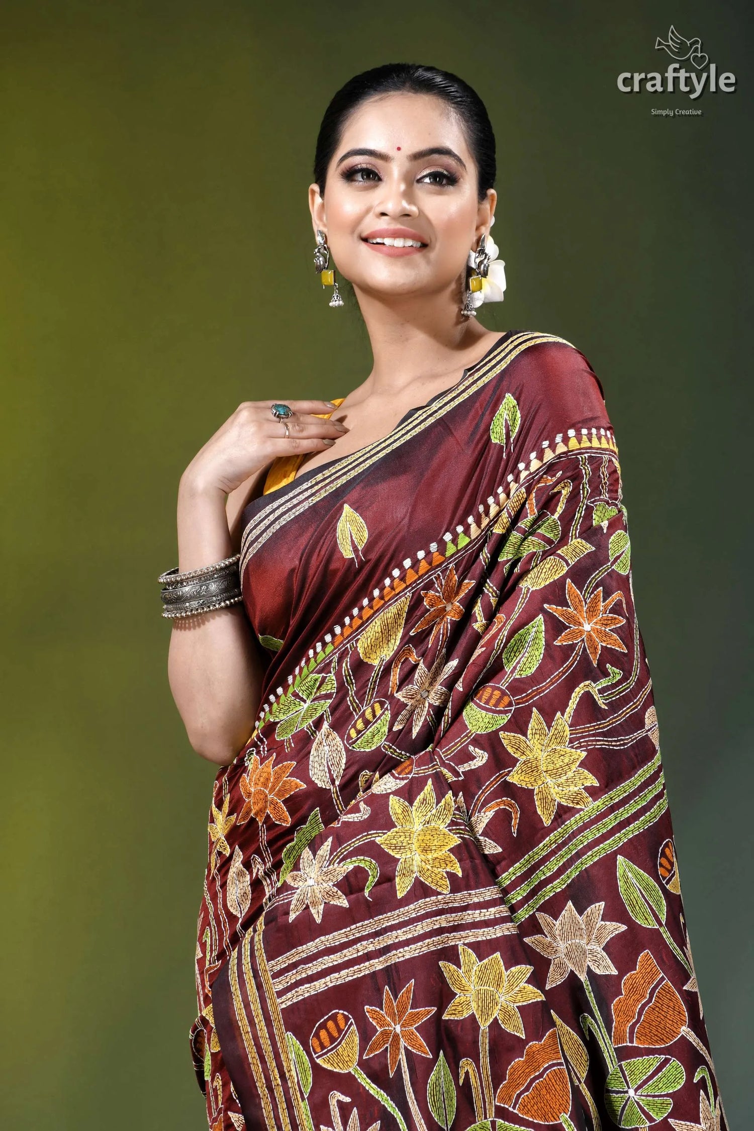 Wine berry lotus design hand kantha embroidery silk saree maroon silk saree adorned intricate 2